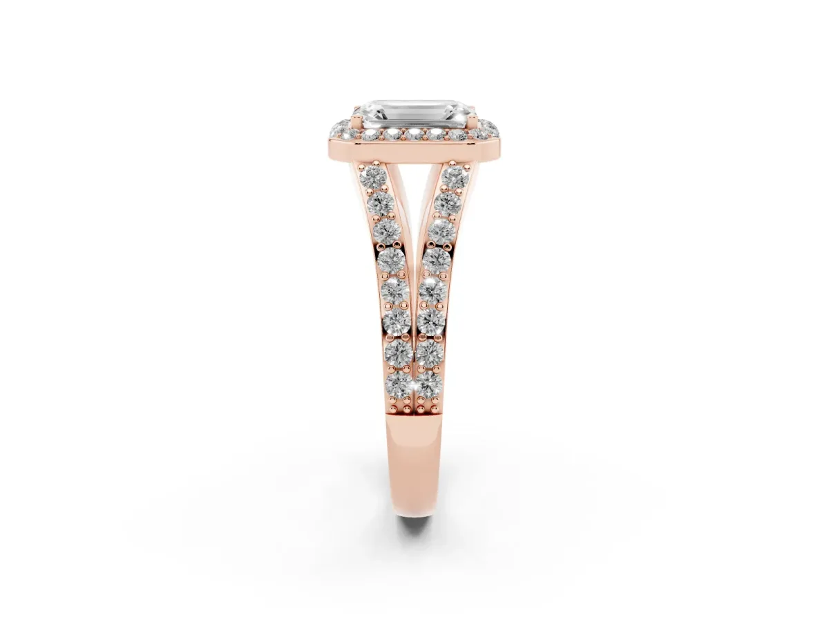 Emerald Cut Diamond Split Shank Halo Ring with Four-Prong Setting Rose gold