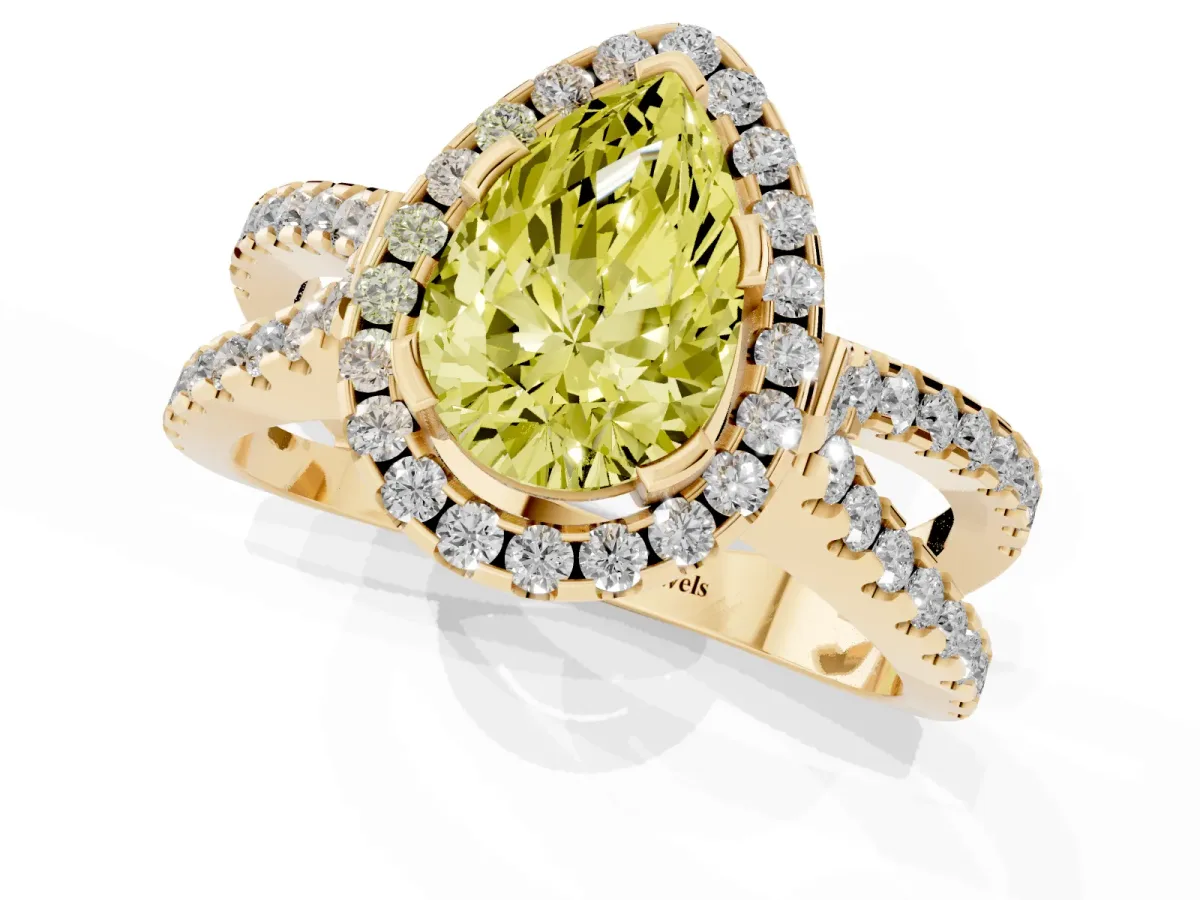 Fancy Yellow Pear Cut Diamond Halo Ring with Split Shank Pavé Band and Prong Setting Yellow gold
