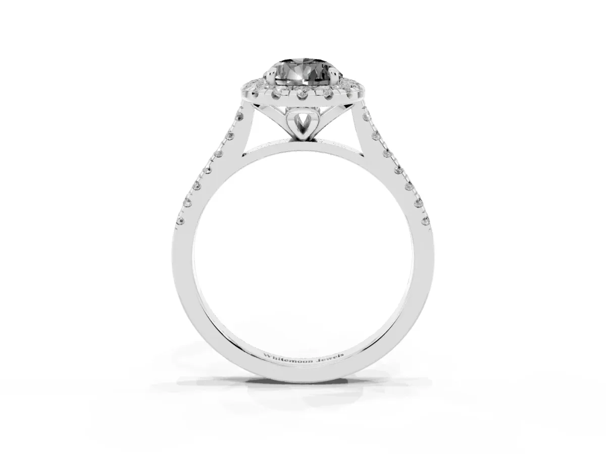 Fancy Black Pear Cut Diamond Cushion Halo Ring with Pavé Band Silver