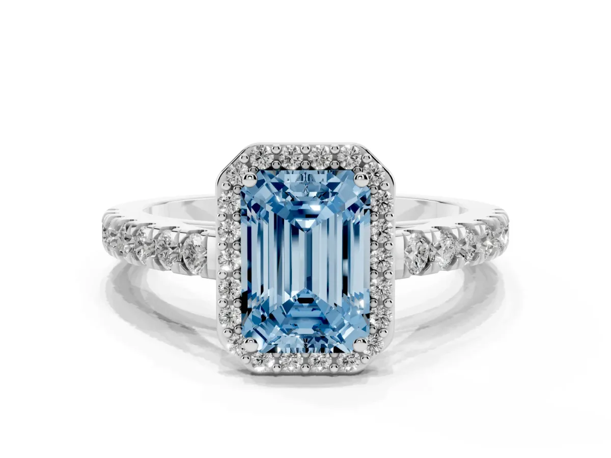 Fancy Blue Emerald Cut Cut Halo Diamond Engagement Ring with Pave Band and Four-Prong Setting White gold