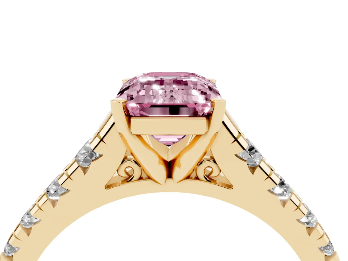 Fancy Pink Emerald Cut Diamond Cathedral Solitaire Ring with Round Pavé Band Yellow gold