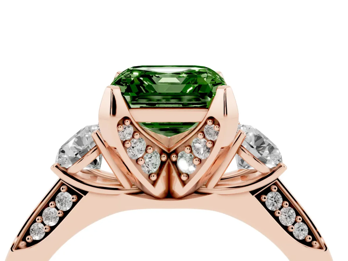Fancy Green Asscher Cut Brilliant Three-Stone Diamond Ring with Pavé Band and Four-Prong Setting Rose gold