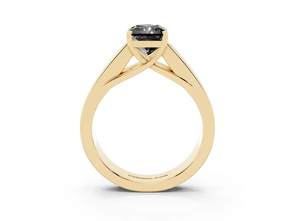 Fancy Black Radiant Cut Cut Channel Set Solitaire Ring with Four-Prong Setting Yellow gold