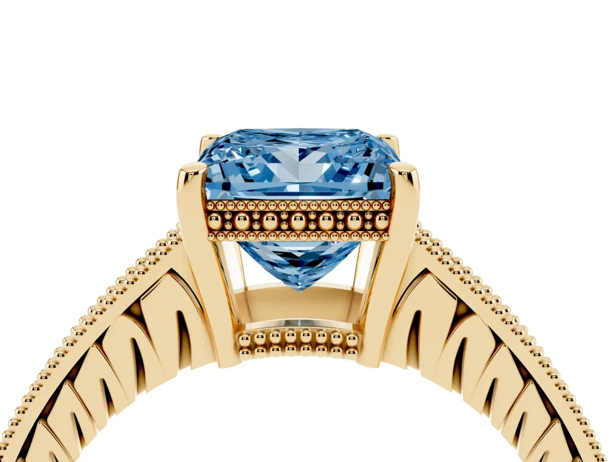 Fancy Blue Princess Cut Solitaire Pavé Diamond Milgrain Engagement Ring with Four-Prong Setting Yellow gold