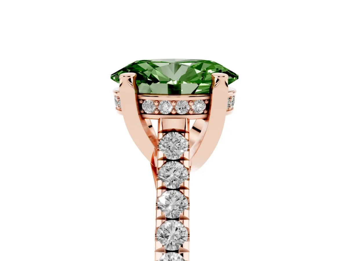 Fancy Green Oval Cut Brilliant Diamond Solitaire with Pavé Band and Four-Prong Setting Rose gold