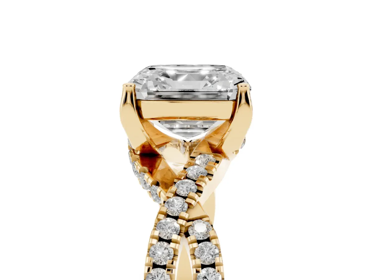 Asscher Cut Solitaire Twist Pave Diamond Engagement Ring with Prong Setting Yellow gold