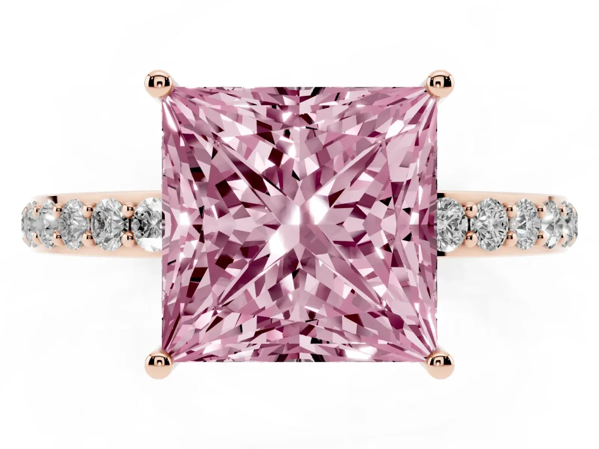 Fancy Pink Princess Cut Diamond Solitaire Ring with Pavé Band and Hidden Halo Rose gold
