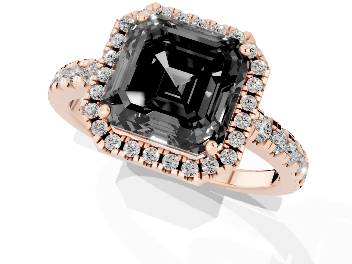 Fancy Black Asscher Cut Diamond Halo Ring with Pavé Band and Four-Prong Setting Rose gold