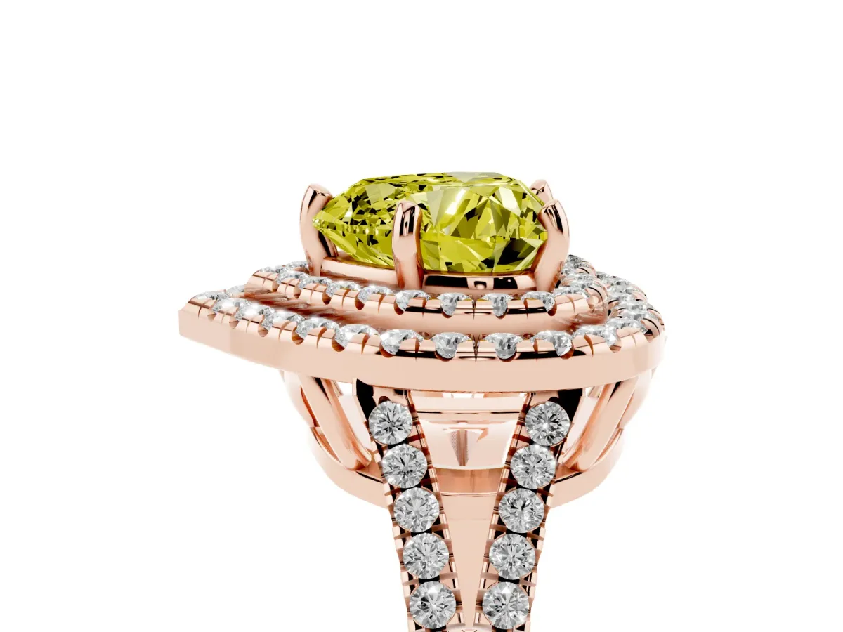 Fancy Yellow Heart Cut Diamond Double Halo Ring with Pavé Band and Prong Setting Rose gold