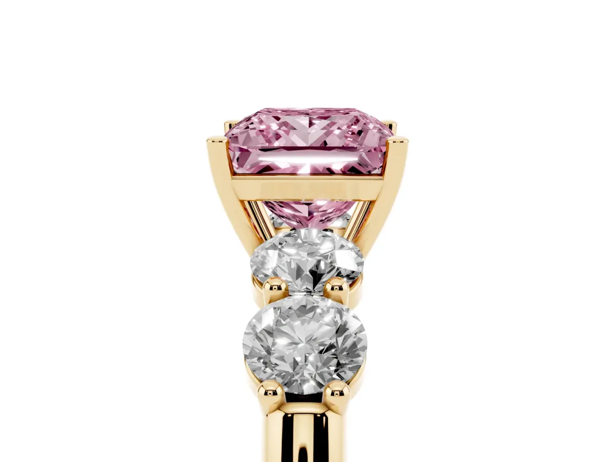 Fancy Pink Princess Cut Cut Five-Stone Prong Set Diamond Ring with Classic Band Yellow gold