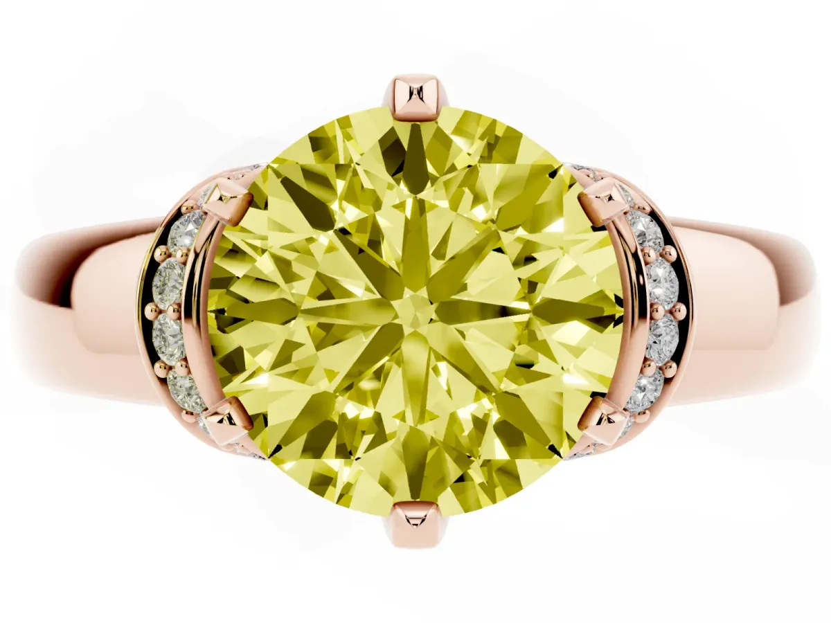 Fancy Yellow Round Cut Solitaire Diamond Ring with Pave Band and Six-Prong Setting Rose gold