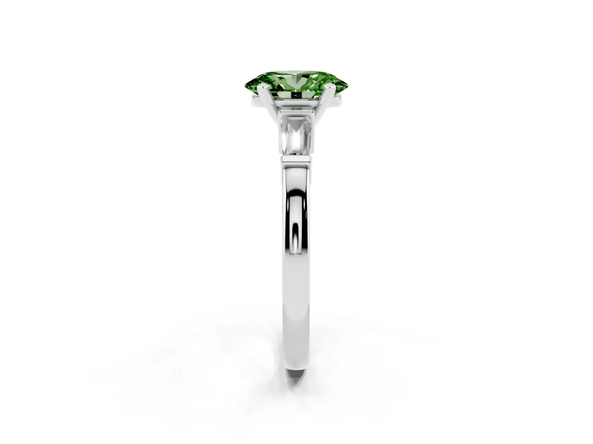 Fancy Green Oval Cut Cut Diamond Solitaire Ring with Tapered Baguette Accents and Four-Prong Setting Platinum