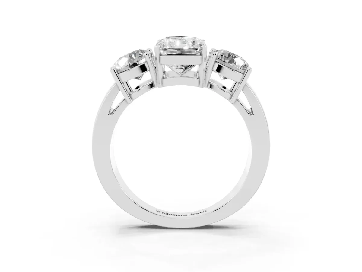 Three-Stone Radiant Cut Diamond Ring with Round Side Stones, Classic Band, and Four-Prong Setting White gold