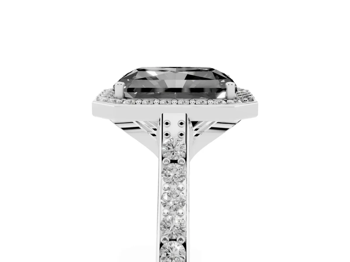 Fancy Black Radiant Cut Diamond Halo Engagement Ring with Round Pavé Shoulders and Prong Setting Platinum