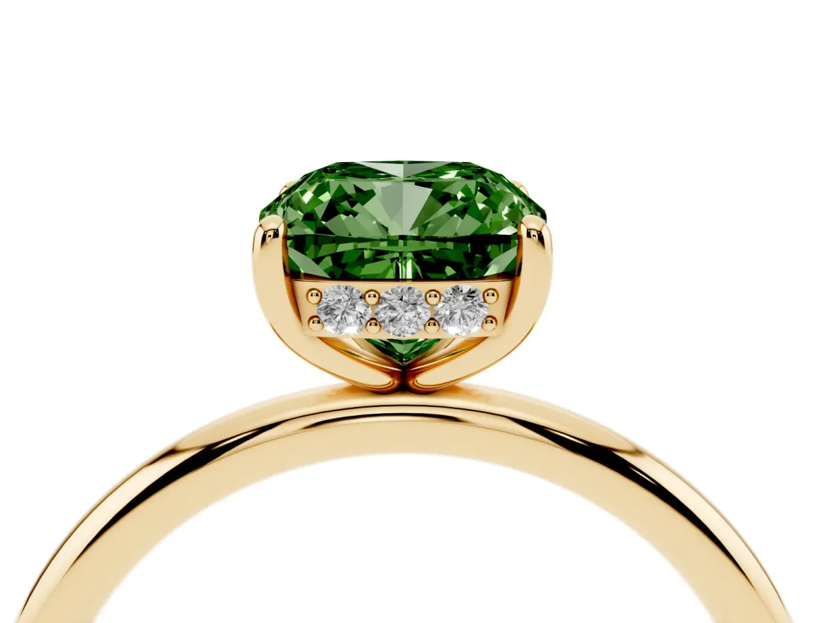 Fancy Green Cushion Cut Solitaire Diamond Ring with a Classic Band and Four-Prong Setting Yellow gold