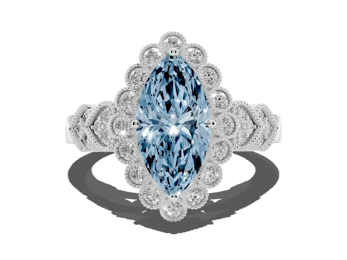 Fancy Blue Marquise Cut Brilliant Milgrain Pave Heart Band Solitaire Ring Silver