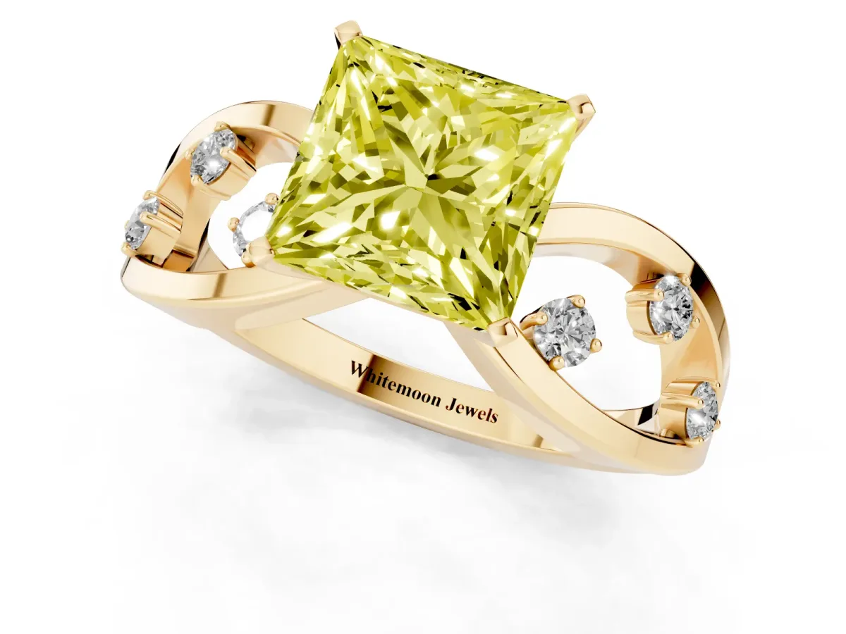 Fancy Yellow Princess Cut Cut Solitaire Diamond with Side Stones on Criss-Cross Band and Four-Prong Setting Yellow gold