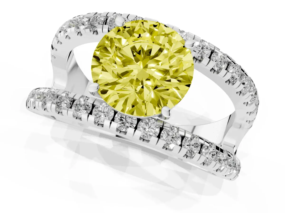 Fancy Yellow Round Cut Solitaire Split Shank Pave Diamond Ring Silver