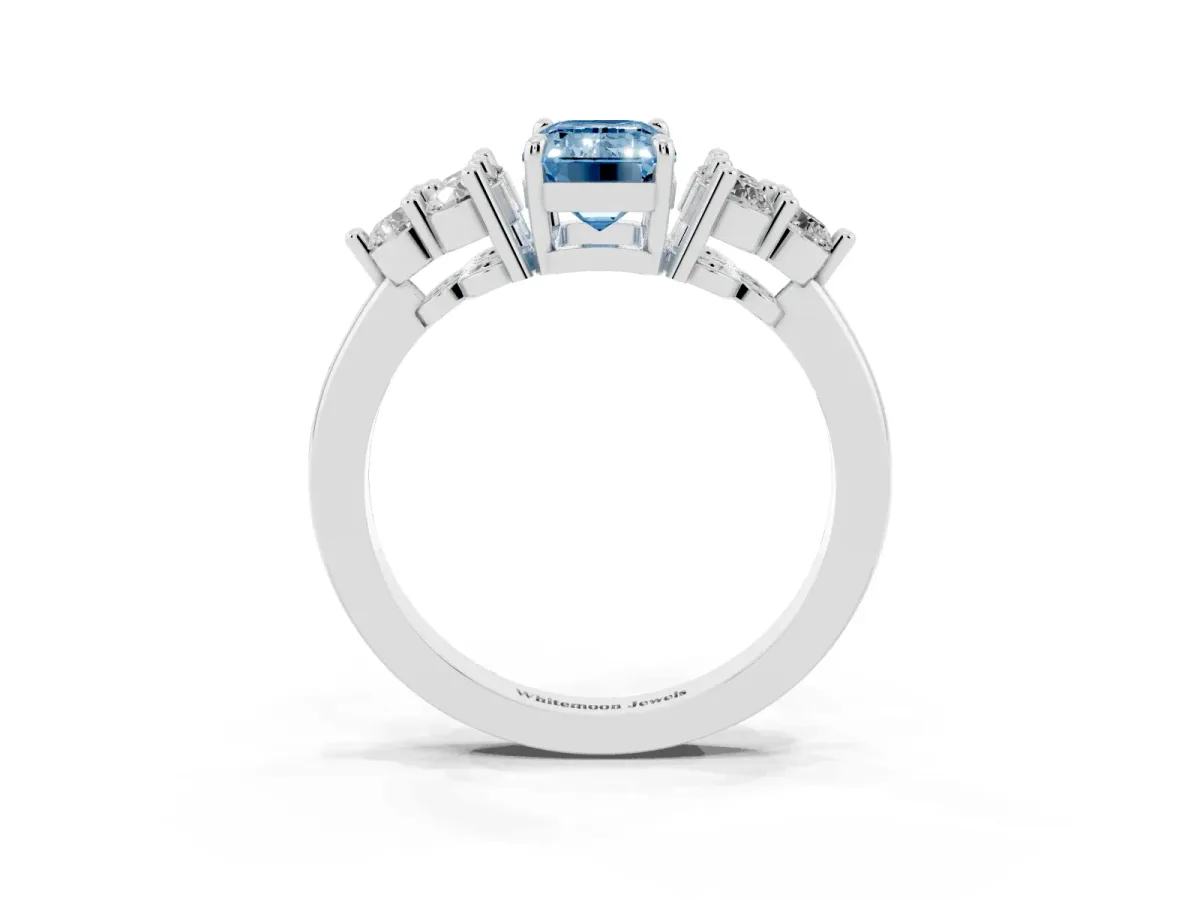 Fancy Blue Emerald Cut Brilliant Diamond Cluster Accent Solitaire Ring with Prong Setting White gold