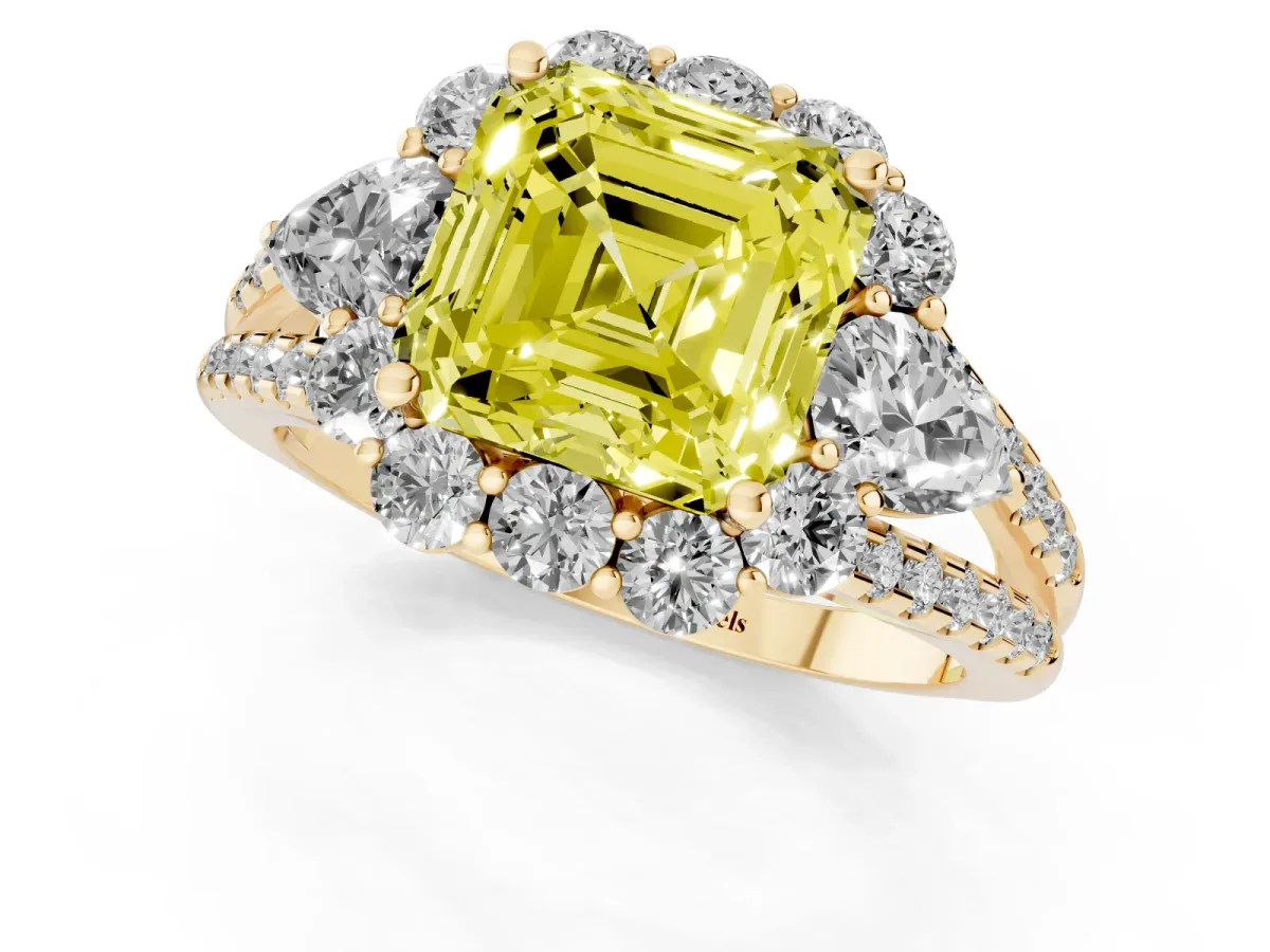 Fancy Yellow Asscher Cut Halo Split Shank Diamond Engagement Ring with Prong Setting Yellow gold