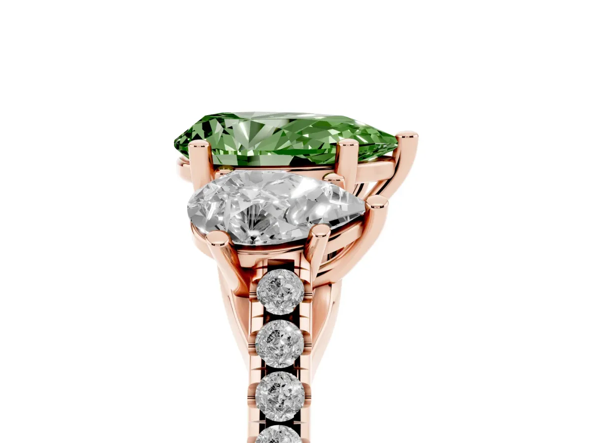 Fancy Green Three-Stone Pear Cut Diamond Ring with Round Pavé Band and Prong Setting Rose gold
