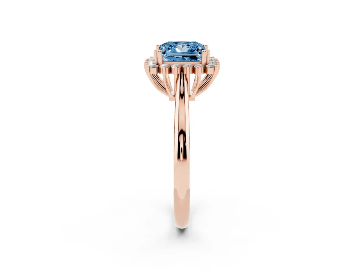 Fancy Blue Princess Cut Cut Diamond Halo Ring with Solitaire Band and Prong Setting Rose gold
