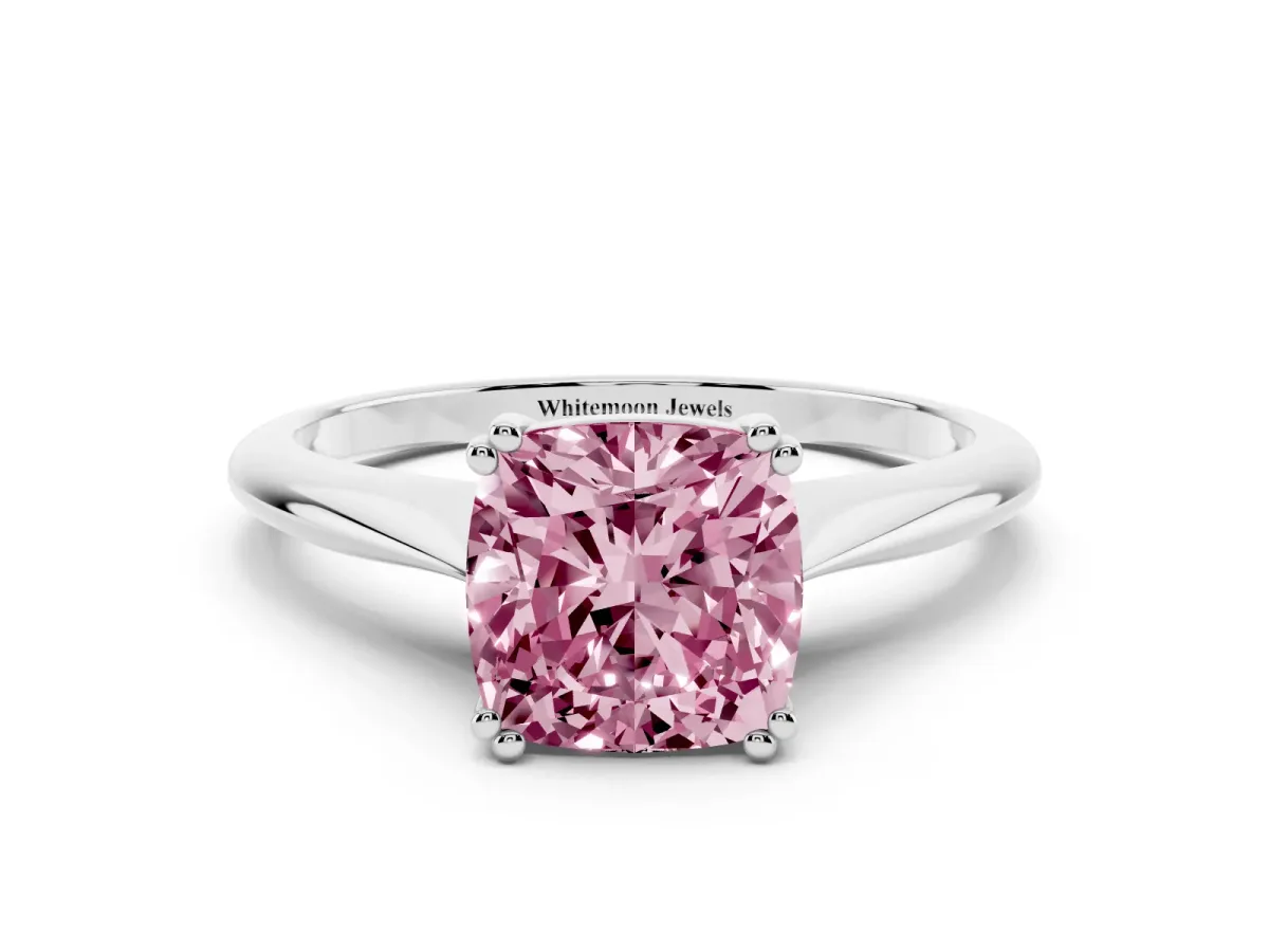 Fancy Pink Cushion Cut Solitaire Diamond Ring with Six-Prong Setting and Classic Band Silver