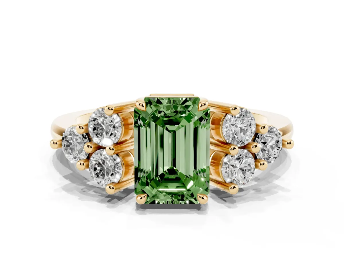 Fancy Green Emerald Cut Brilliant Diamond Cluster Accent Solitaire Ring with Prong Setting Yellow gold