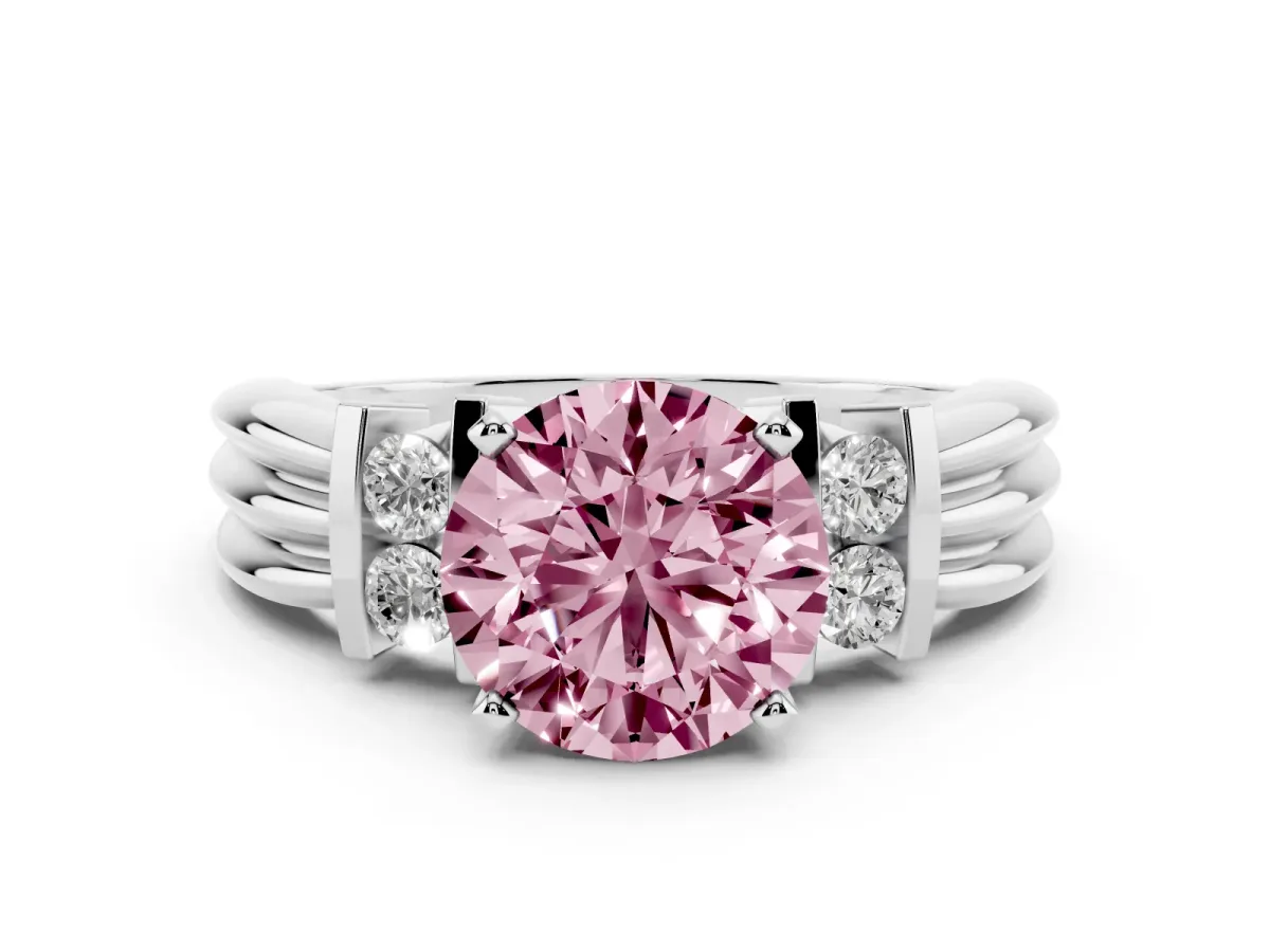 Fancy Pink Round Cut Cut Three-Stone Channel Set Ring with Bar Prongs Silver