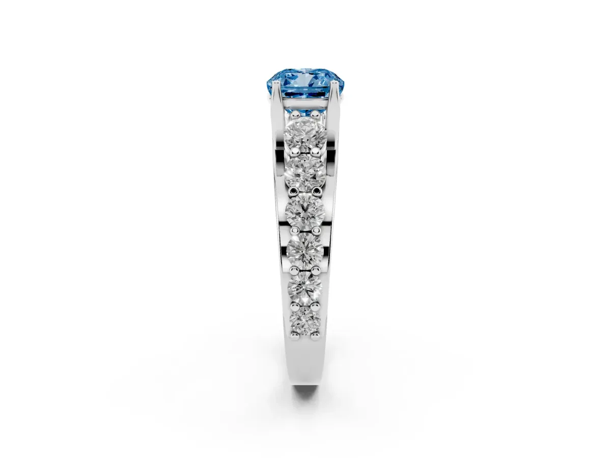 Fancy Blue Cushion Cut Diamond Engagement Ring with Pavé Band and Four-Prong Setting Silver