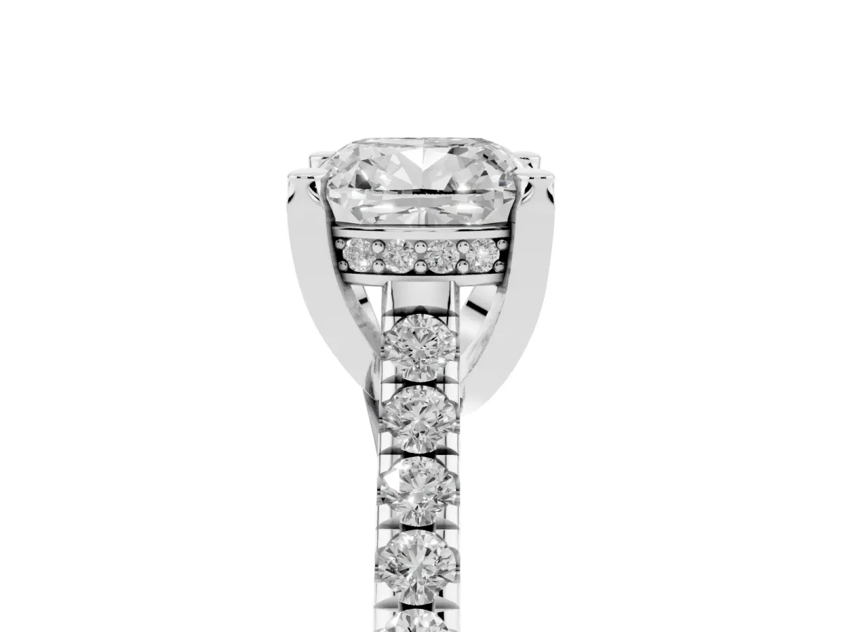 Cushion Cut Brilliant Diamond Solitaire with Pavé Band and Four-Prong Setting Silver
