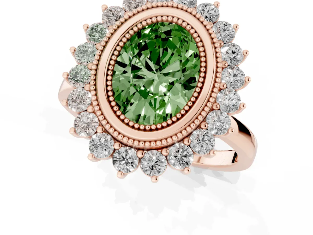 Fancy Green Oval Cut Halo Diamond Ring with Milgrain Edge and Round Prong Setting Rose gold