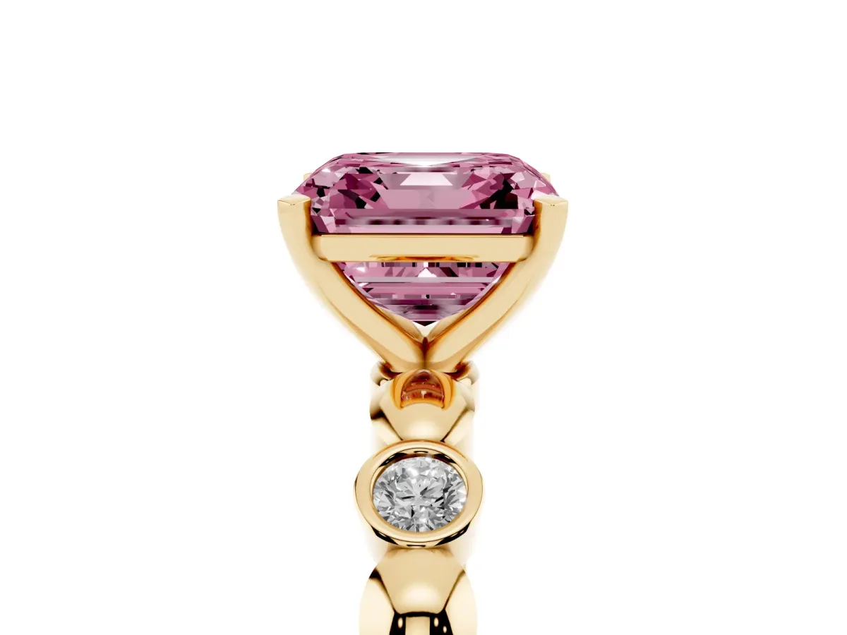 Fancy Pink Asscher Cut Solitaire Bezel-Set Diamond Ring with Beaded Band and Four-Prong Setting Yellow gold