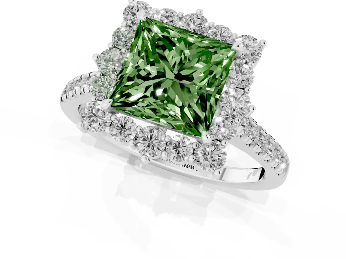 Fancy Green Princess Cut Halo Diamond Ring with Pavé Band and Prong Setting White gold