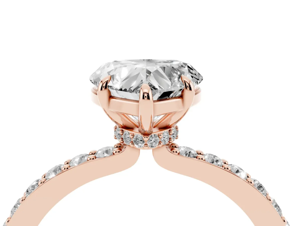 Heart Cut Diamond Pavé Engagement Ring with Round Accents and Prong Setting Rose gold