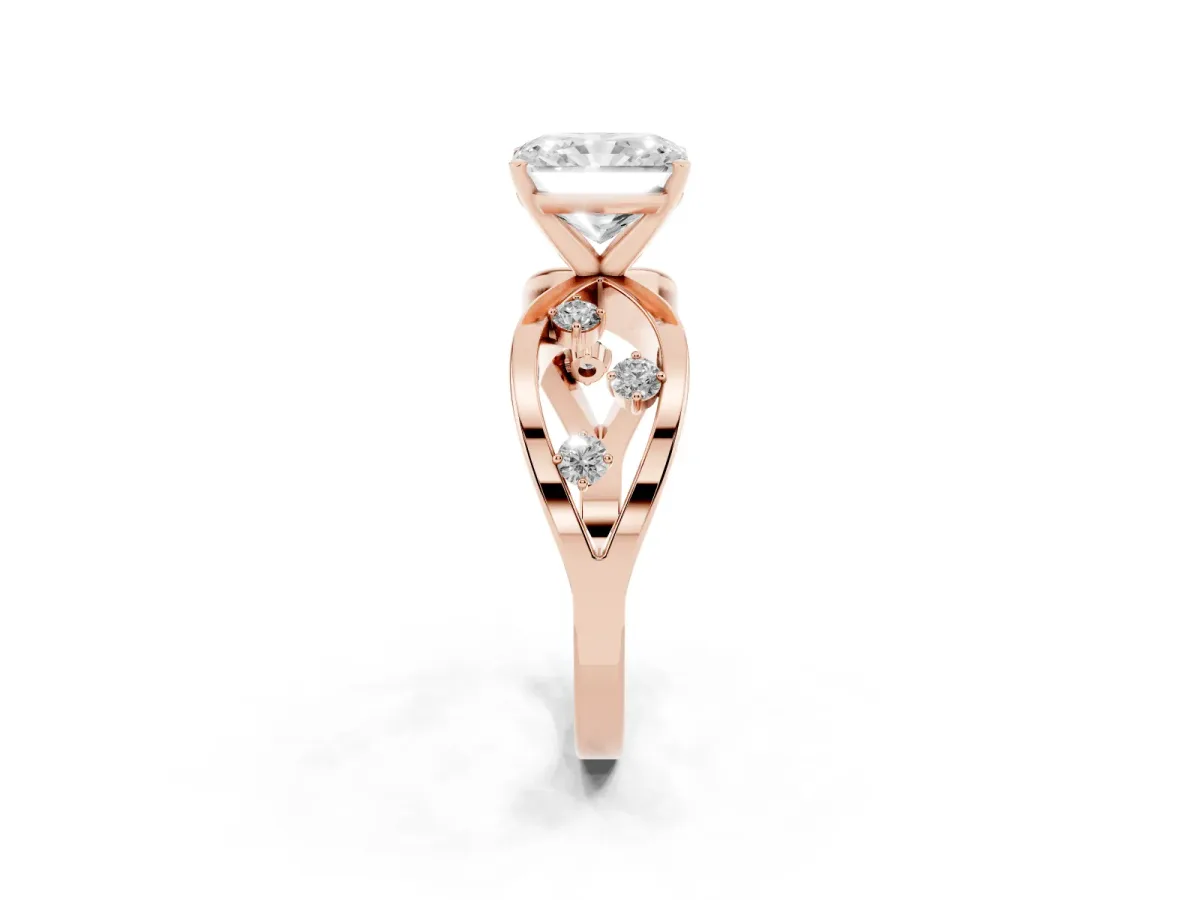 Radiant Cut Cut Solitaire Diamond with Side Stones on Criss-Cross Band and Four-Prong Setting Rose gold
