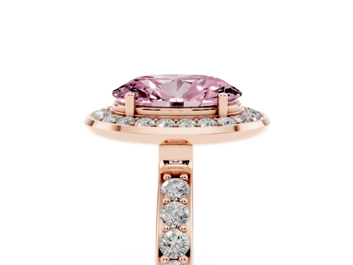 Fancy Pink Oval Cut Diamond Halo Ring with Bezel Frame and Pavé Band Rose gold