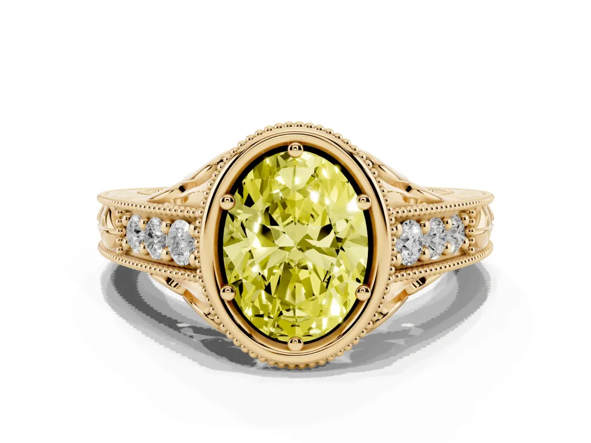 Fancy Yellow Bezel Set Oval Cut Diamond Milgrain Pave Engagement Ring Yellow gold