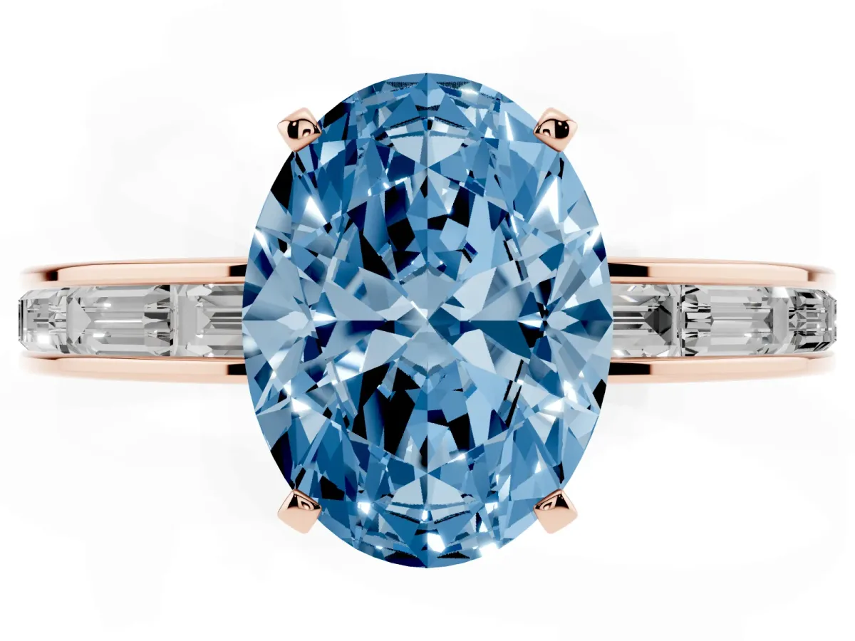 Fancy Blue Oval Cut Solitaire Diamond Ring with Channel-Set Baguette Band and Four-Prong Setting Rose gold
