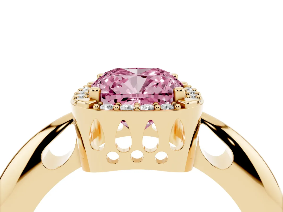 Fancy Pink Cushion Cut Cut Diamond Halo Engagement Ring with Split Shank and Four-Prong Setting Yellow gold