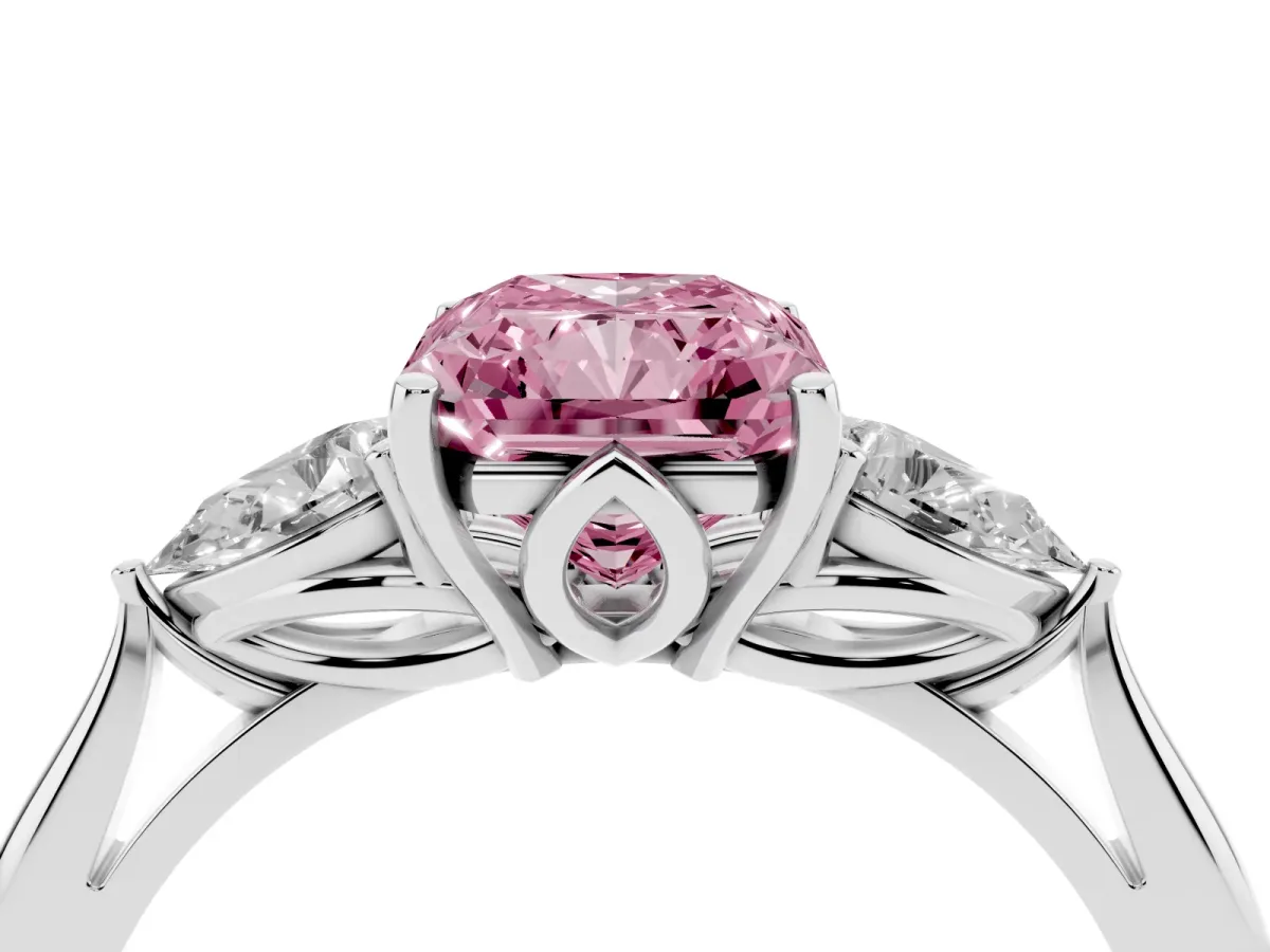 Fancy Pink Three-Stone Radiant Cut Diamond Ring with Pear Side Stones in Four-Prong Setting Silver