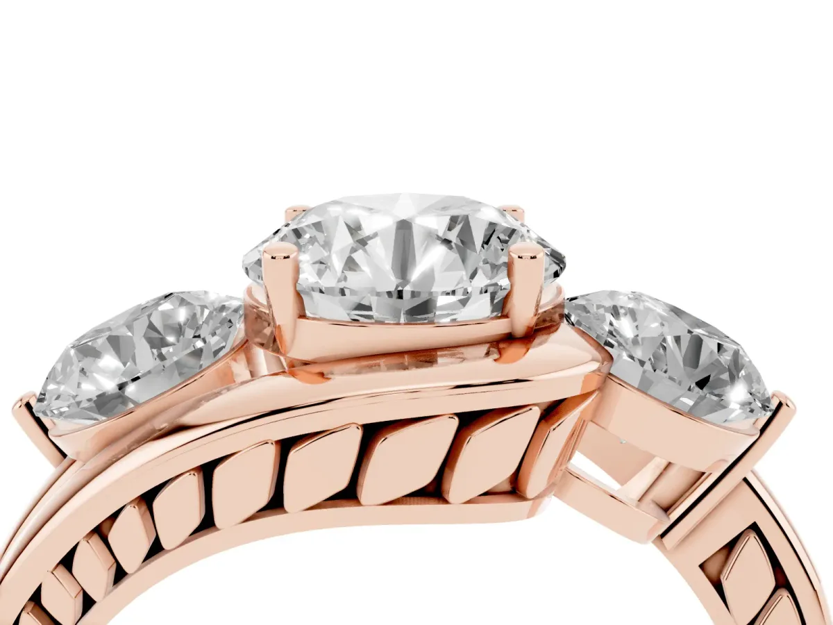 Three-Stone Round Cut Brilliant Split Shank Prong Set Ring Rose gold