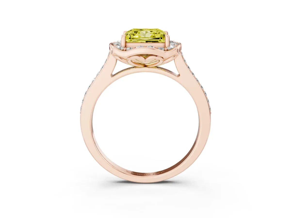 Fancy Yellow Princess Cut Halo Round Diamond Pave Band with Four-Prong Setting Rose gold