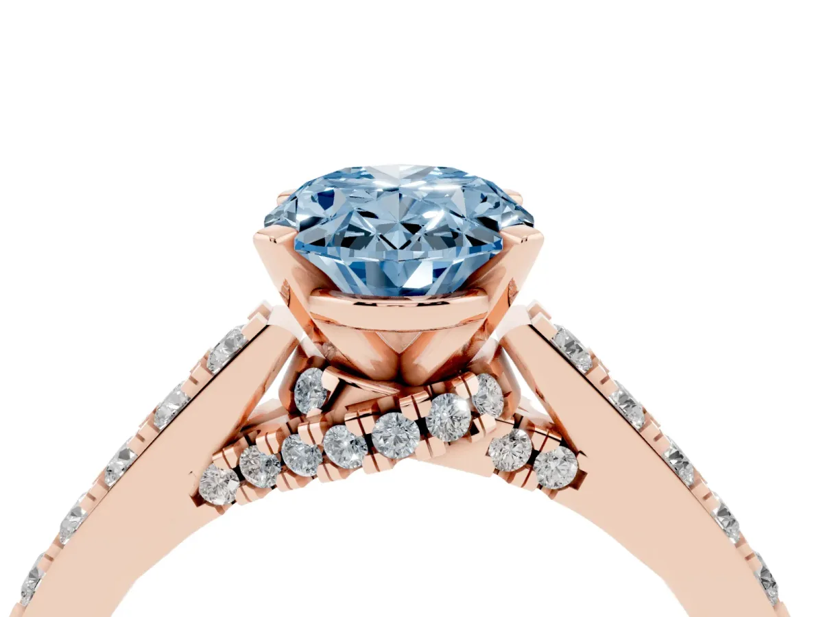Fancy Blue Oval Cut Diamond Solitaire Ring with Crossover Gallery and Round Pavé Band Rose gold