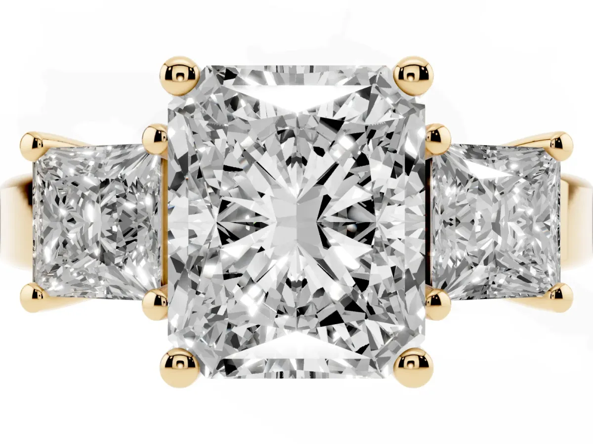 Three-Stone Radiant Cut Cut Solitaire Ring with Prong Setting Yellow gold
