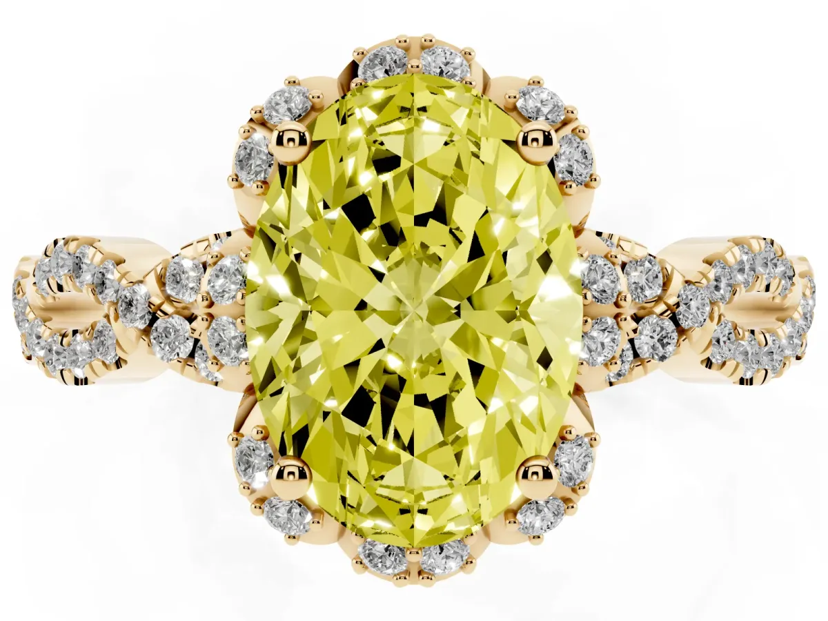 Fancy Yellow Oval Cut Halo Twist Band Solitaire Ring with Six-Prong Setting Yellow gold