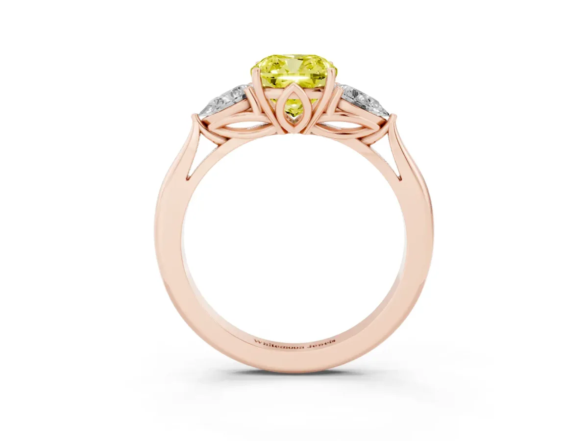 Fancy Yellow Three-Stone Cushion Cut Brilliant Diamond Solitaire Ring with Tapered Band and Four-Prong Setting Rose gold