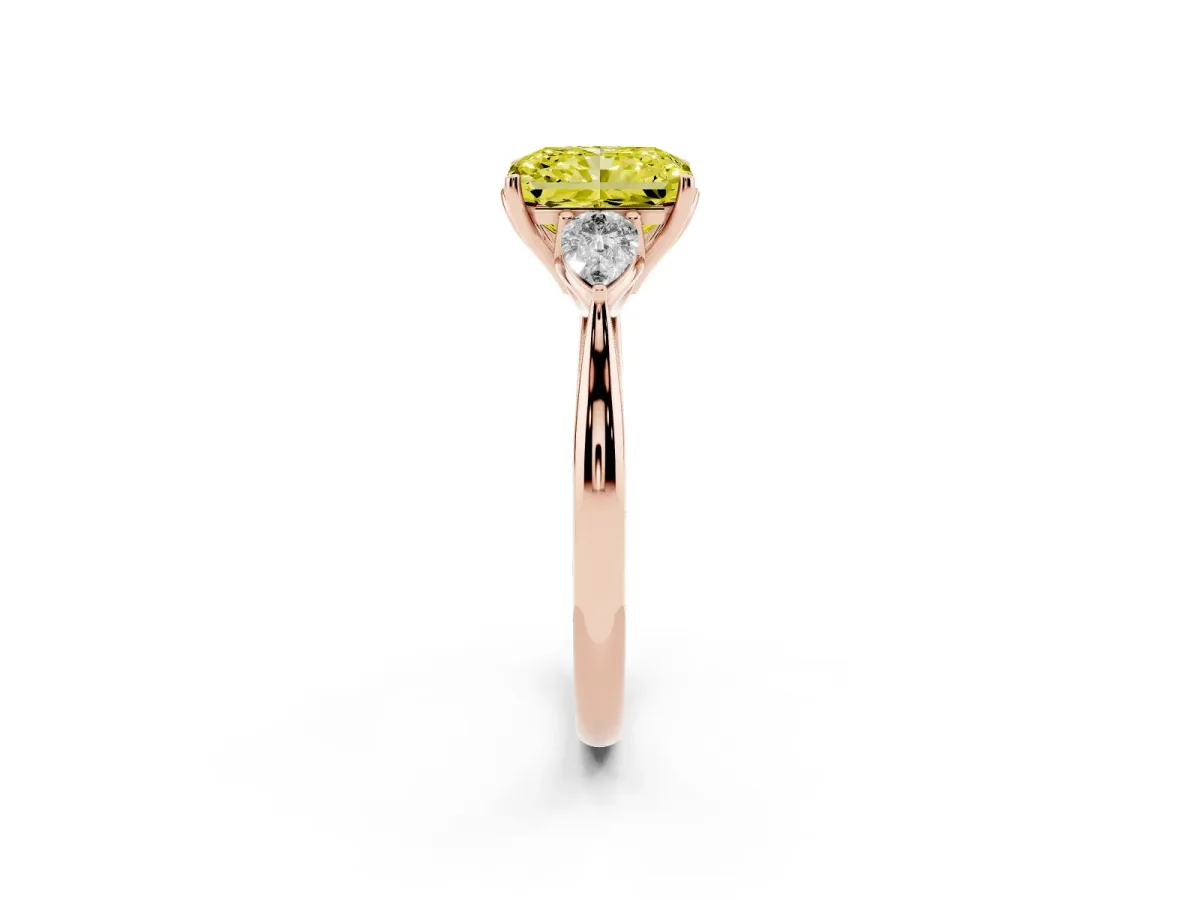 Fancy Yellow Three-Stone Radiant Cut Brilliant Diamond Solitaire Ring with Tapered Band and Four-Prong Setting Rose gold