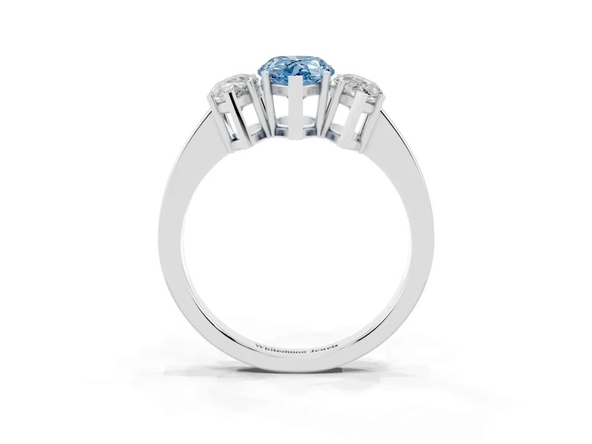 Fancy Blue Three-Stone Pear Cut Cut Diamond Engagement Ring with Flat Band and Four-Prong Setting Platinum