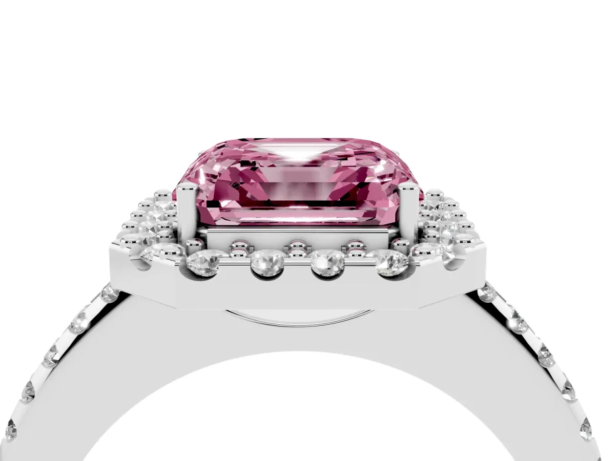 Fancy Pink Asscher Cut Diamond Pavé Halo Ring with Four-Prong Setting Silver